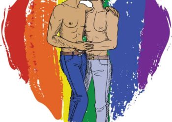 Two kissing gays and rainbow heart. Hand-drawn illustration isolated on white