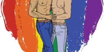 Two kissing gays and rainbow heart. Hand-drawn illustration isolated on white