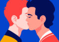 Two young men in profile. Homosexual couple in profile. LGBT. Vector flat illustration