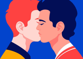 Two young men in profile. Homosexual couple in profile. LGBT. Vector flat illustration
