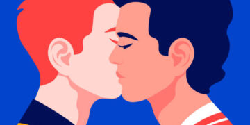 Two young men in profile. Homosexual couple in profile. LGBT. Vector flat illustration