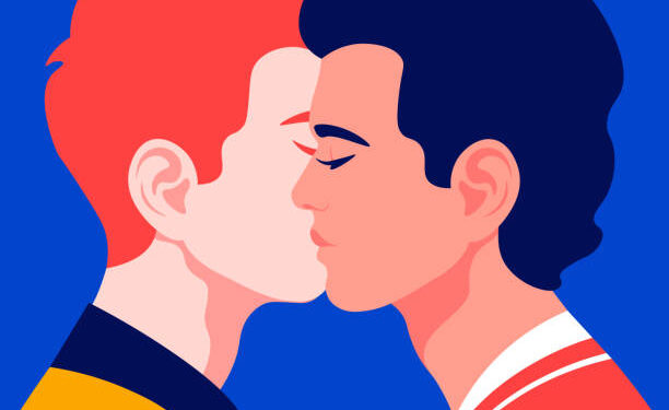 Two young men in profile. Homosexual couple in profile. LGBT. Vector flat illustration